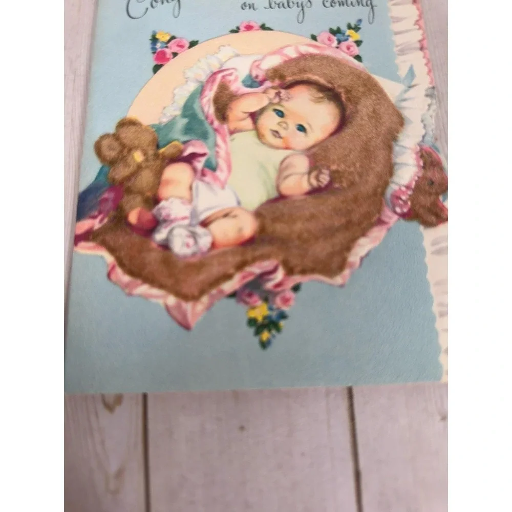 Vintage 1955 Baby Arrival Congratulations Card Flocked Baby Teddy Bears Signed